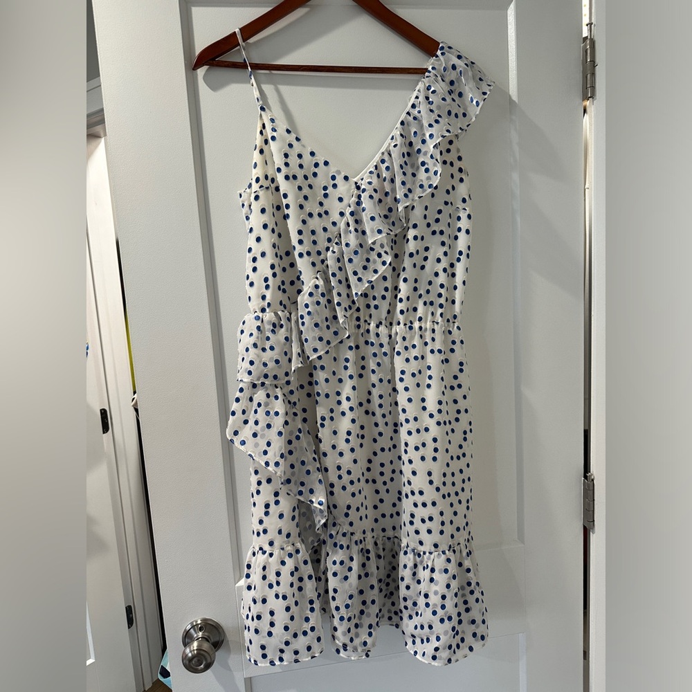 Lilly Pulitzer white dress with blue polka dots.